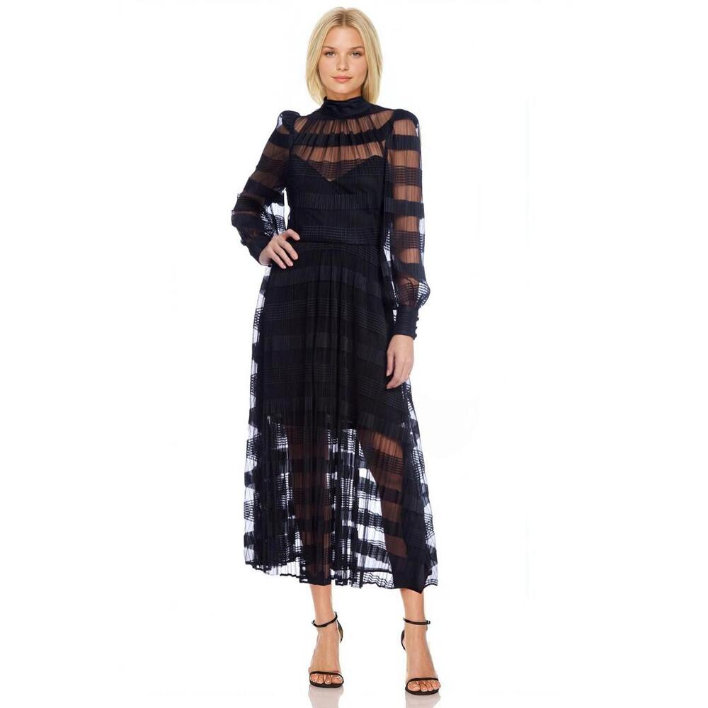 Badgley Mischka Black LBD Beatrice Long Sleeve Spliced Midi Dress Modest sz 0